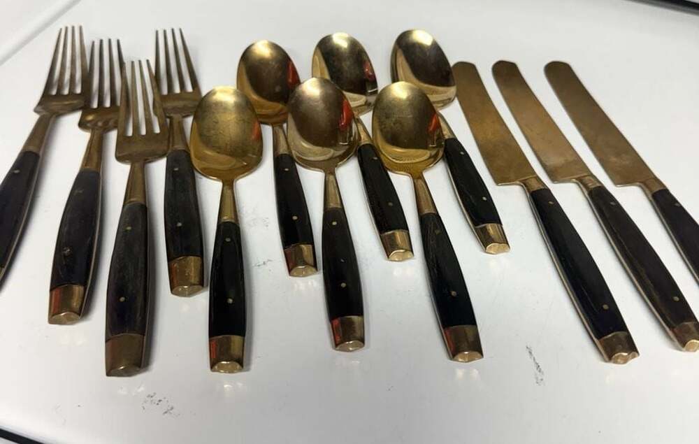 Vintage Mid-Century Brass and Black Buffalo Horn Handle Flatware Set